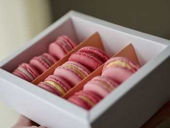 High angle view of macaroons on table