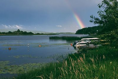 Scenic view of rainbow over lake against sky