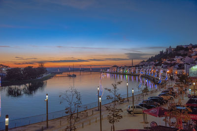 High angle view of sea against sky at sunset