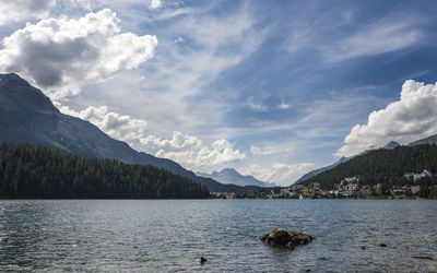 Scenic view of lake and mountains against sky