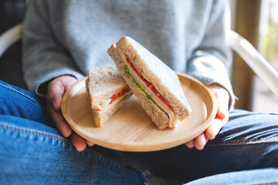 Midsection of woman holding sandwiches in plate