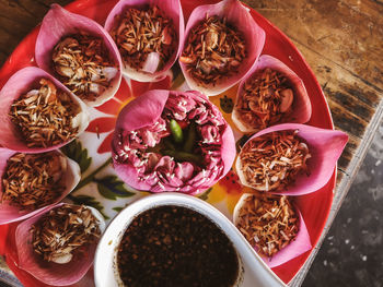 High angle view of dried food on table