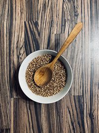 High angle view of rice in bowl on table