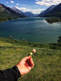 Cropped hand of person on field by lake against sky