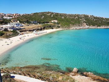 High angle view of beach against clear blue sky