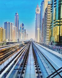 Railroad tracks amidst buildings in city against sky