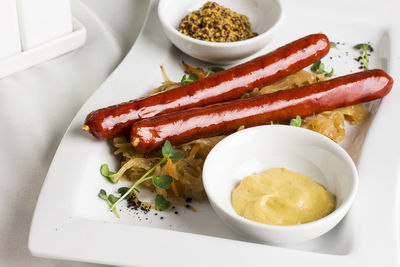 High angle view of breakfast served on table