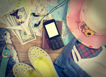 High angle view of mobile phone on table