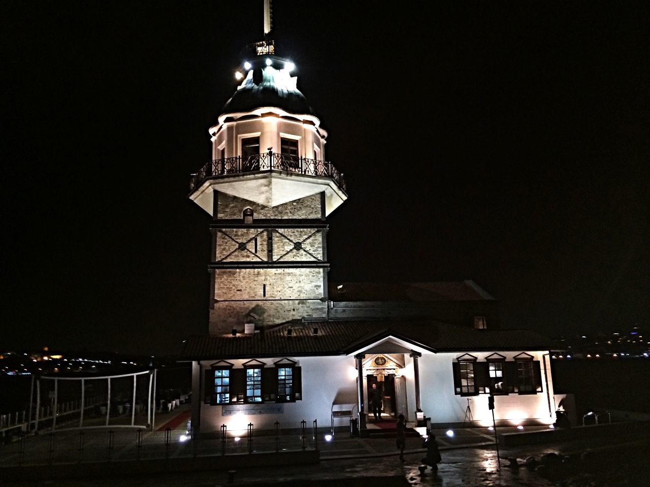 architecture, built structure, building exterior, illuminated, night, place of worship, low angle view, religion, clear sky, lighting equipment, church, dome, spirituality, railing, street light, copy space, outdoors, no people