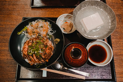 High angle view of meal served on table