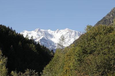 Scenic view of snowcapped mountains against clear sky