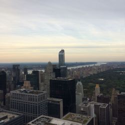 High angle view of city at sunset