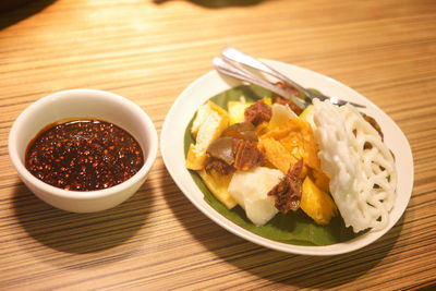 High angle view of food in plate on table