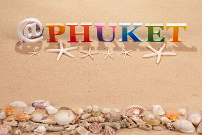 Digital composite image of text on sand at beach