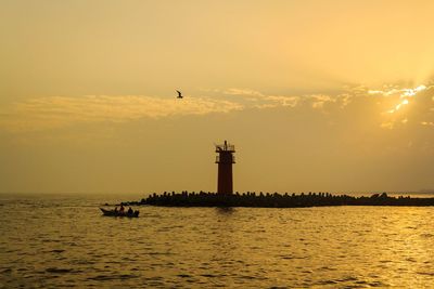 Silhouette birds flying over sea against sky during sunset