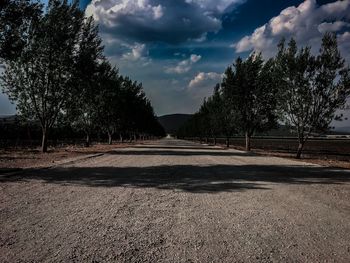 Empty road by trees against sky