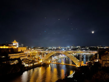 Illuminated bridge over river at night