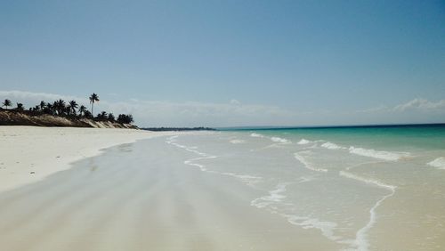 Scenic view of beach against blue sky