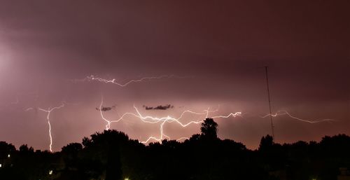 Lightning over silhouette trees against dramatic sky at night