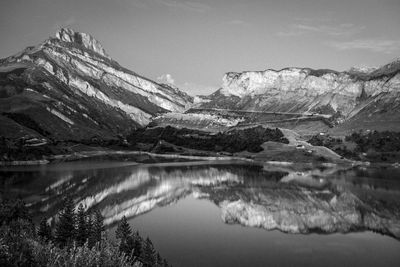 Scenic view of lake and mountains against sky