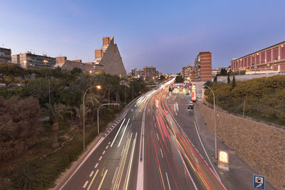 Long exposure dusk in a street with enough traffic in alicante.