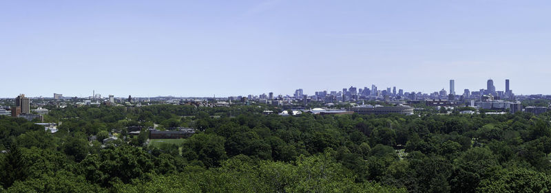 Panoramic view of trees and buildings against clear sky