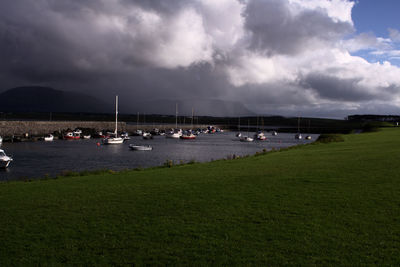 Scenic view of lake against cloudy sky