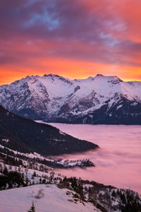 Scenic view of snowcapped mountains against sky during sunset