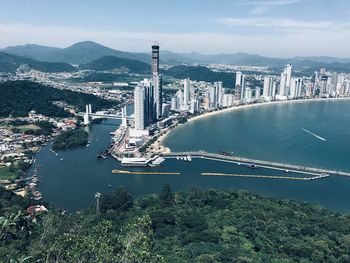 High angle view of city at waterfront