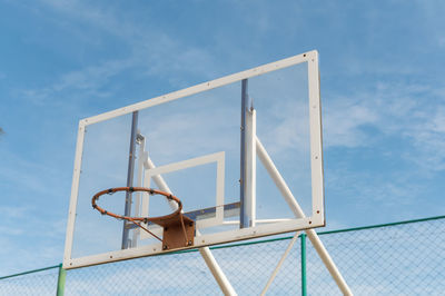 Basketball hoop in the clear blue sky in the midday light.