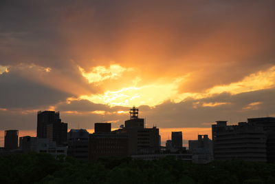 View of cityscape against cloudy sky during sunset