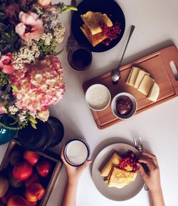 High angle view of breakfast on table