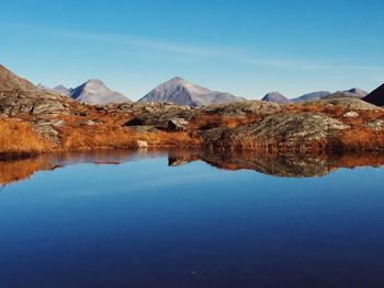 Scenic view of lake and mountains against sky