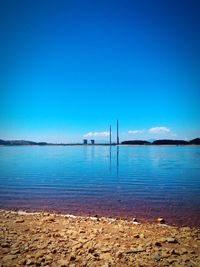 Scenic view of sea against clear blue sky