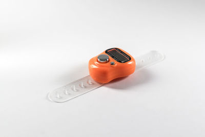 High angle view of toy car on white background