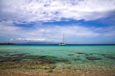 Sailboat sailing on sea against sky