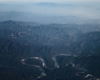 High angle view of mountain range against sky