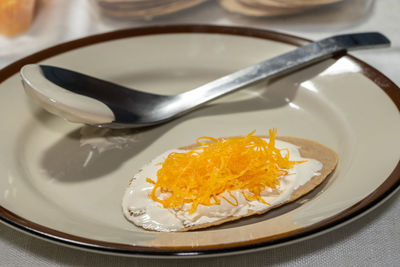 High angle view of food in plate on table