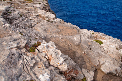 High angle view of rocks on sea shore