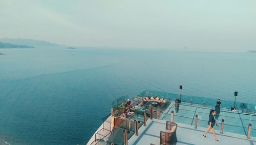 High angle view of boat deck against sea