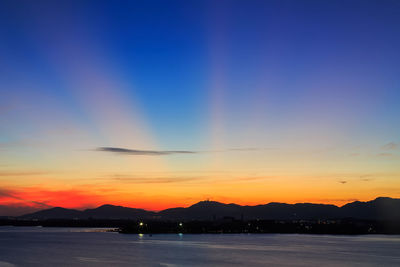 Scenic view of sea against romantic sky at sunset