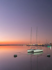 Sailboats moored in marina at sunset