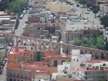 High angle view of buildings in town