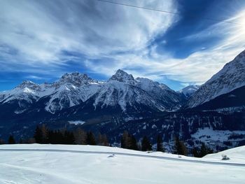 Scenic view of snow covered mountains against sky