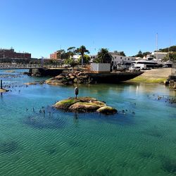 Buildings in city against clear blue sky