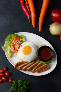 High angle view of breakfast served on table