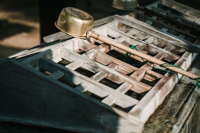 High angle view of wicker basket on table