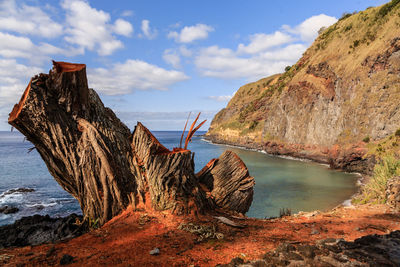 Rock formations by sea against sky