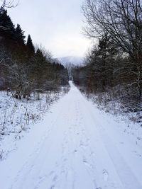 Road amidst snow covered landscape against sky