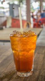 Close-up of beer in glass on table